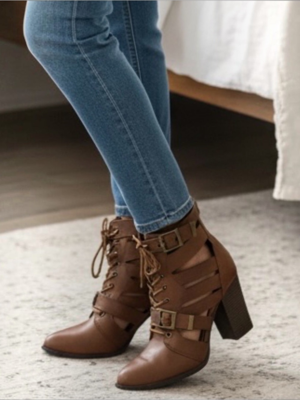 NEW Cut-Out Chestnut Brown Lace Up Caged Ankle Booties Womens Sizes NIB